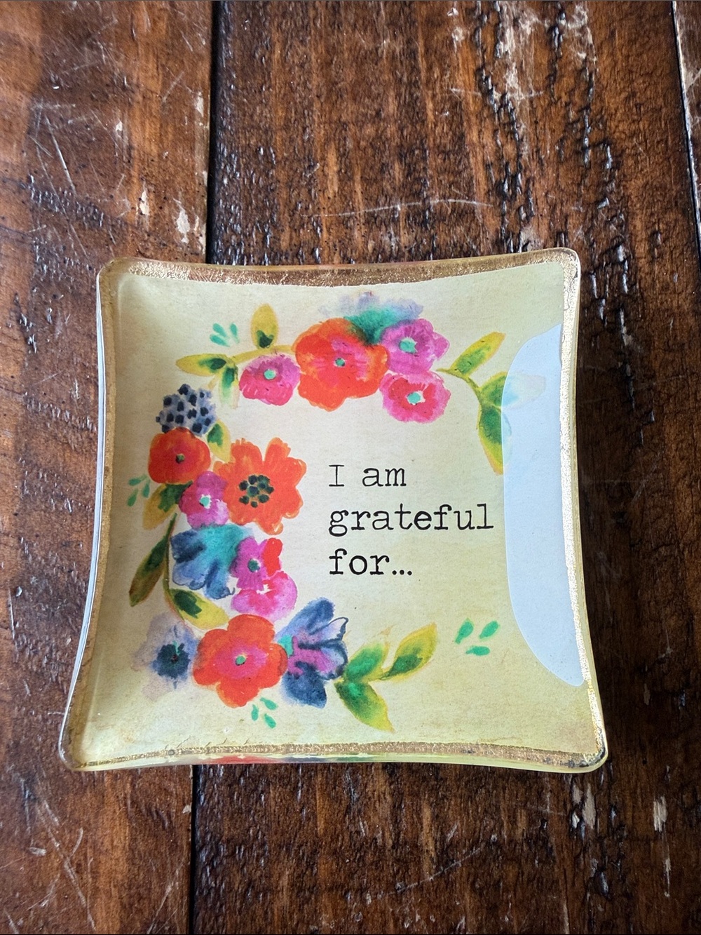 Floral “I Am Grateful For” Trinket Dish Gold Square Ring Jewelry Tray